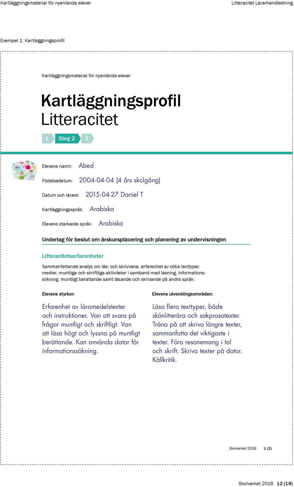 analys om läs- och skrivvana, erfarenhet av olika texttyper, medier, muntliga och skriftliga aktiviteter i samband med läsning, informationssökning, muntligt berättande samt läsande och skrivande på