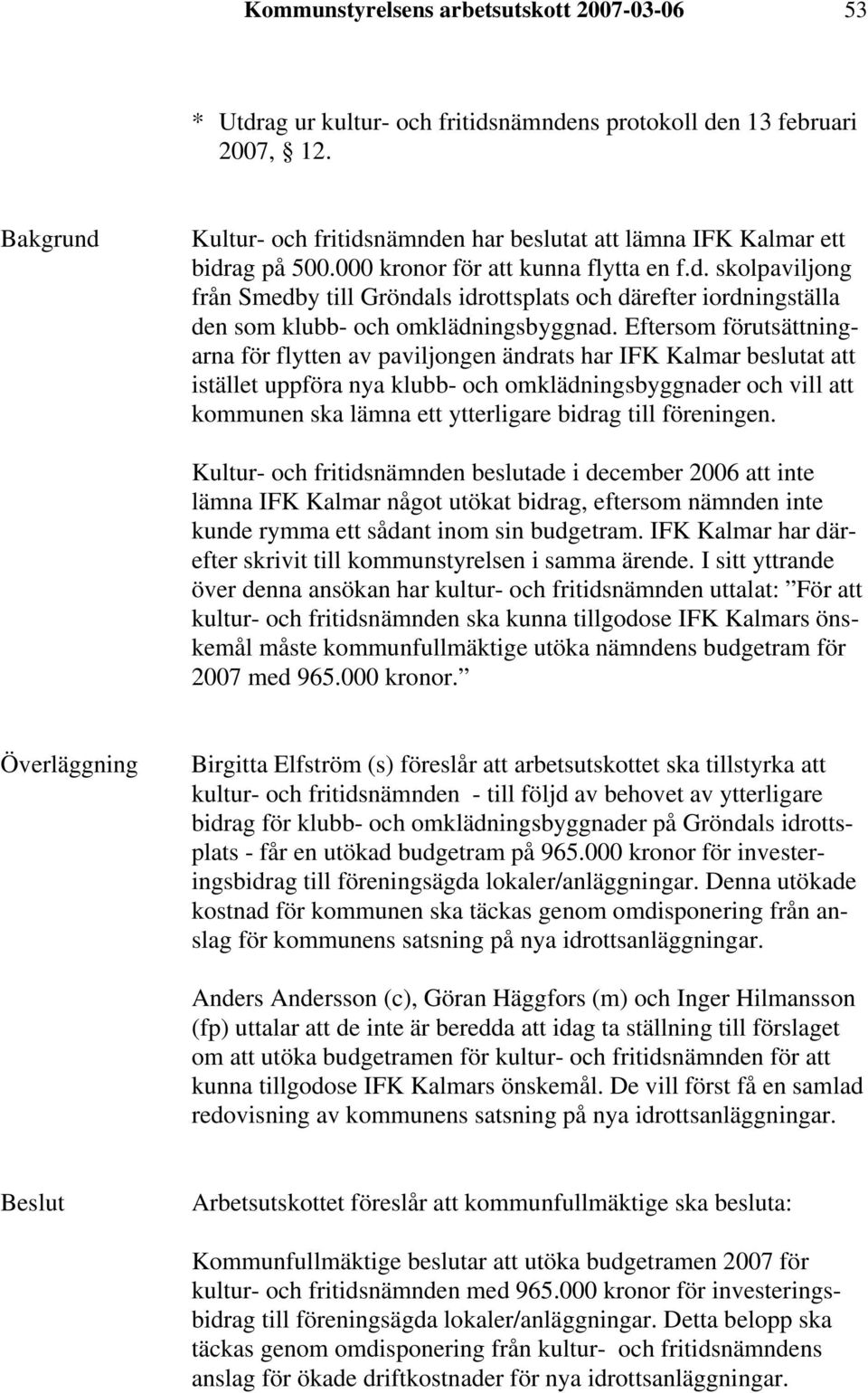 Eftersom förutsättningarna för flytten av paviljongen ändrats har IFK Kalmar beslutat att istället uppföra nya klubb- och omklädningsbyggnader och vill att kommunen ska lämna ett ytterligare bidrag