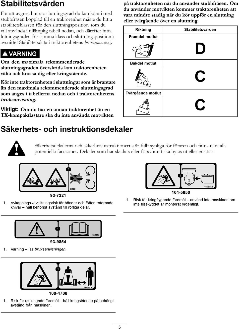 VARNING Om den maximala rekommenderade sluttningsgraden överskrids kan traktorenheten välta och krossa dig eller kringstående.