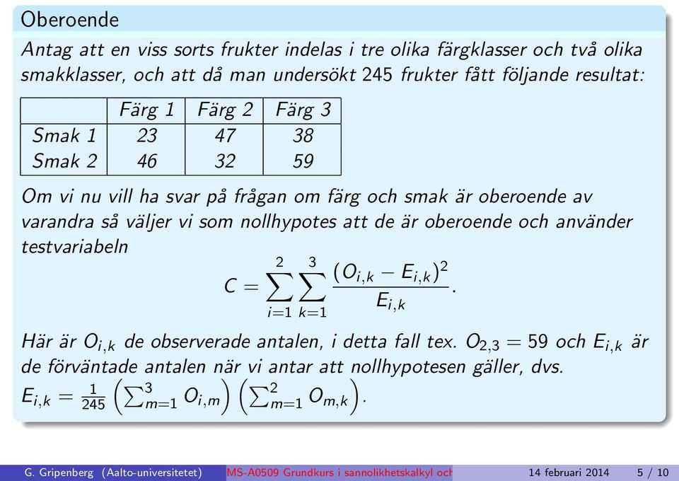 3 (O i,k E i,k ) C =. E i,k i=1 k=1 Här är O i,k de observerade atale, i detta fall tex. O,3 = 59 och E i,k är de förvätade ( atale är vi atar att ollhypotese gäller, dvs.