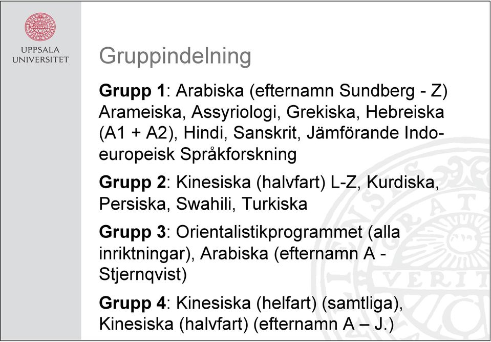 Kurdiska, Persiska, Swahili, Turkiska Grupp 3: Orientalistikprogrammet (alla inriktningar), Arabiska