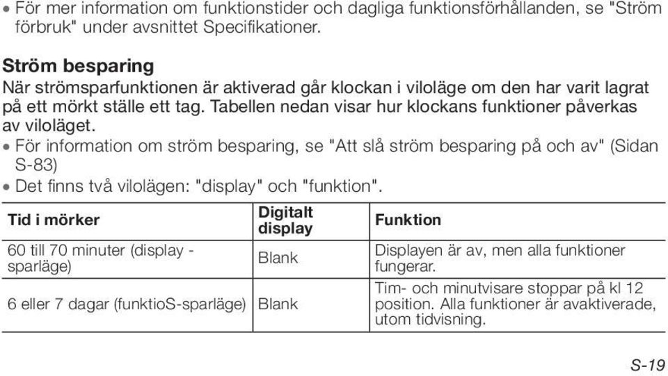 Tabellen nedan visar hur klockans funktioner påverkas av viloläget.