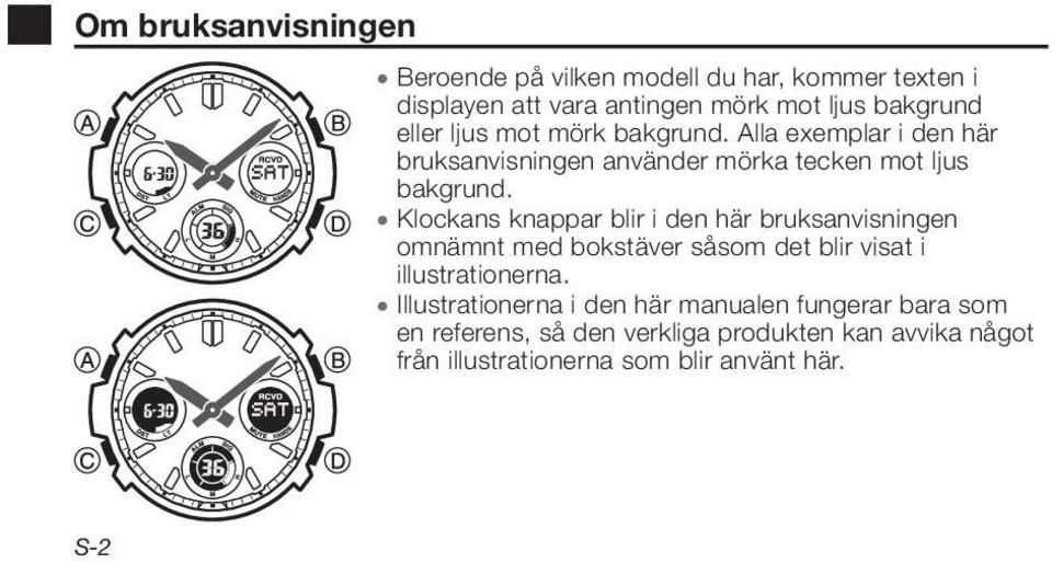 Klockans knappar blir i den här bruksanvisningen omnämnt med bokstäver såsom det blir visat i illustrationerna.