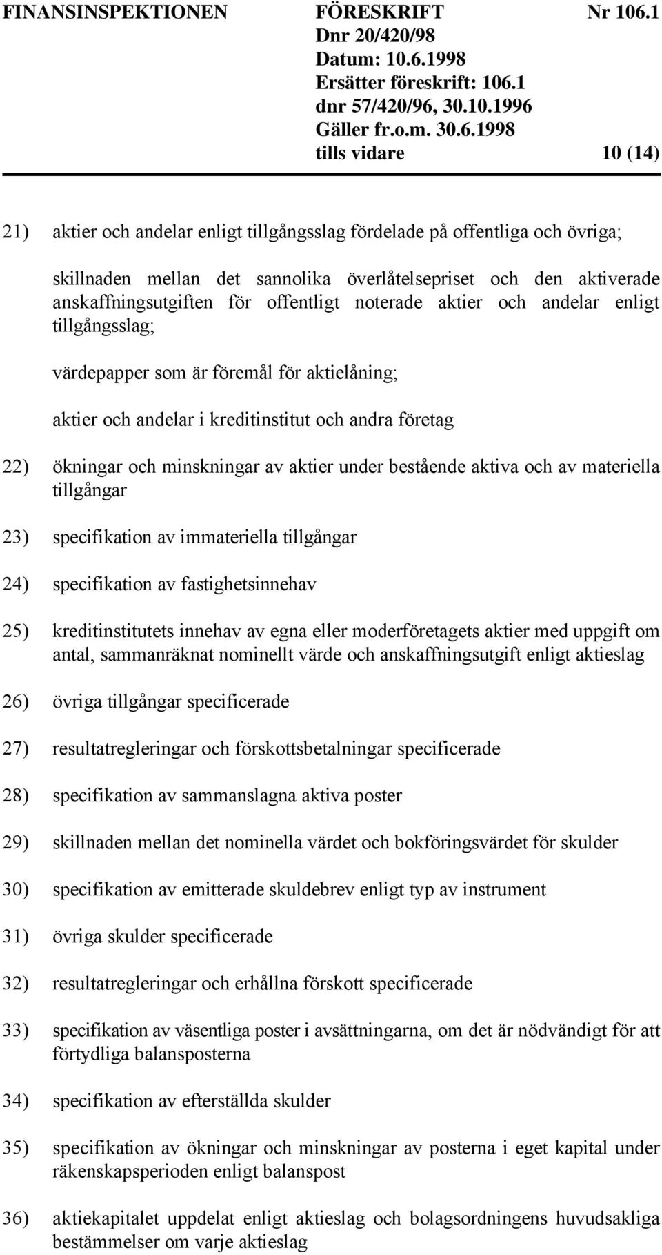 under bestående aktiva och av materiella tillgångar 23) specifikation av immateriella tillgångar 24) specifikation av fastighetsinnehav 25) kreditinstitutets innehav av egna eller moderföretagets