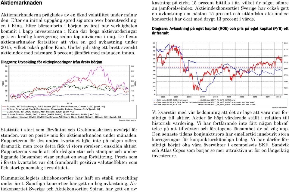 De flesta aktiemarknader fortsätter att visa en god avkastning under 2015, vilket också gäller Kina. Under juli steg ett brett svenskt aktieindex med närmare 5 procent jämfört med månaden innan.