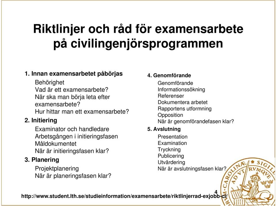 Initiering Examinator och handledare Arbetsgången i initieringsfasen Måldokumentet När är initieringsfasen klar? 3. Planering Projektplanering När är planeringsfasen klar?