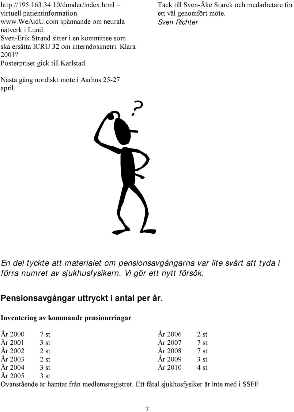 Sven Richter Nästa gång nordiskt möte i Aarhus 25-27 april. En del tyckte att materialet om pensionsavgångarna var lite svårt att tyda i förra numret av sjukhusfysikern. Vi gör ett nytt försök.