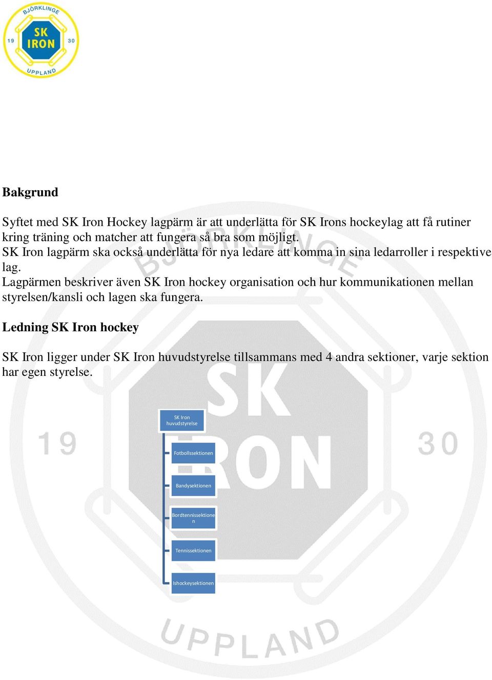 Lagpärmen beskriver även SK Iron hockey organisation och hur kommunikationen mellan styrelsen/kansli och lagen ska fungera.