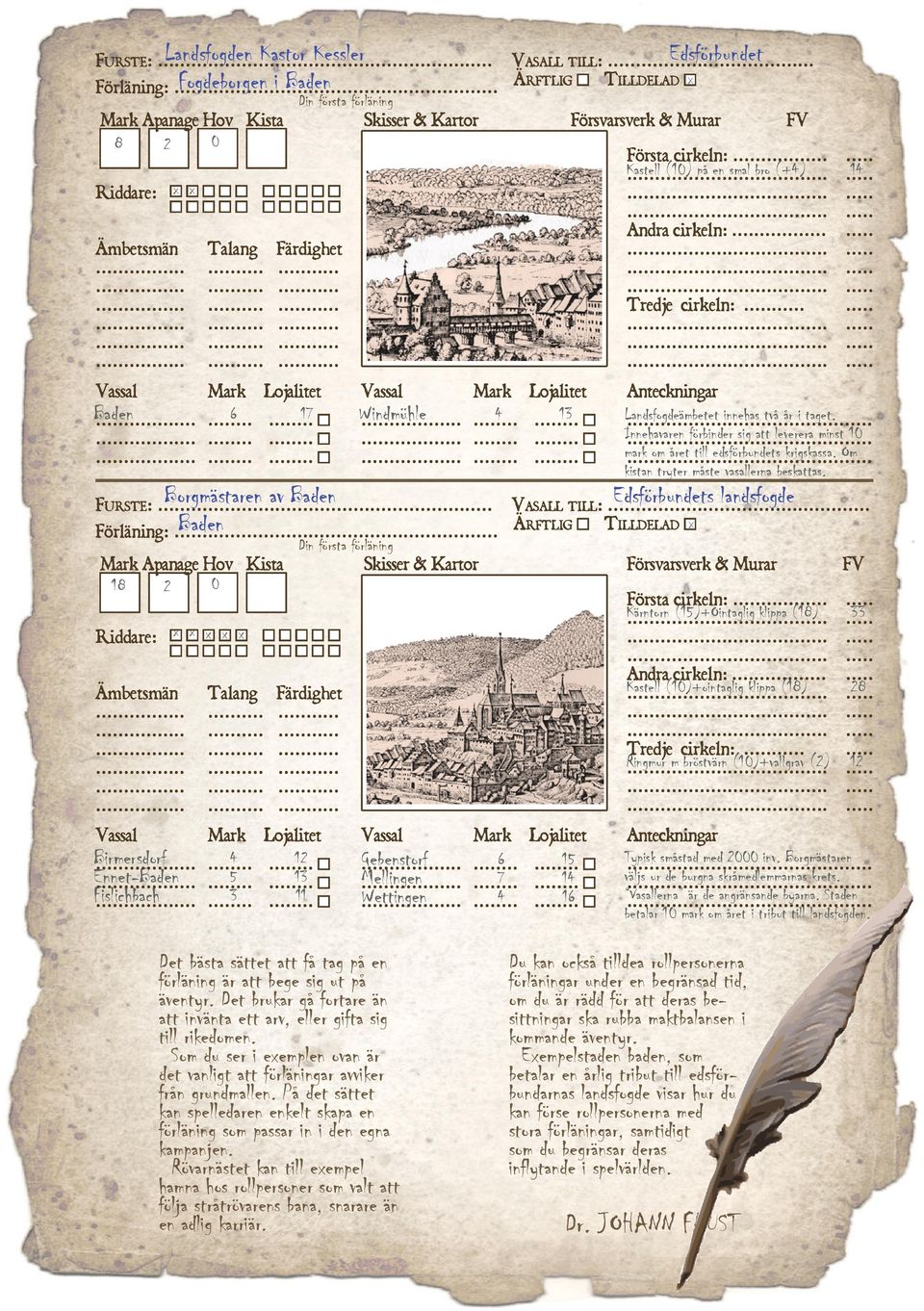 Färdighet Vassal Mark Lojalitet nnn 18 2 0 n n n x n x n x n n n n n Riddare: Landsfogden Kastor Kessler n n n n n n n n n n Ämbetsmän Talang Färdighet Vassal Mark Lojalitet Första cirkeln:...... Kastell.