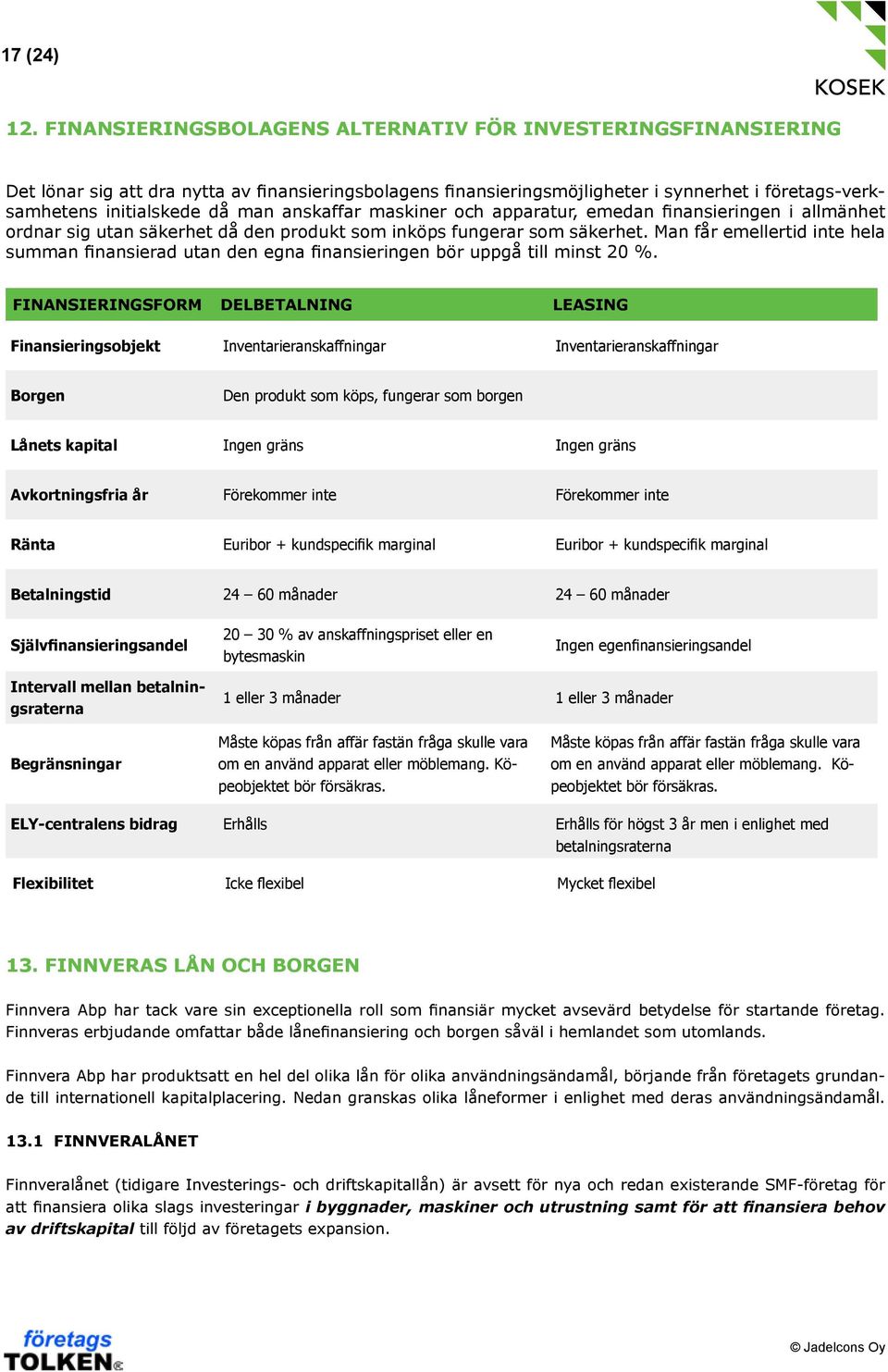 anskaffar maskiner och apparatur, emedan finansieringen i allmänhet ordnar sig utan säkerhet då den produkt som inköps fungerar som säkerhet.
