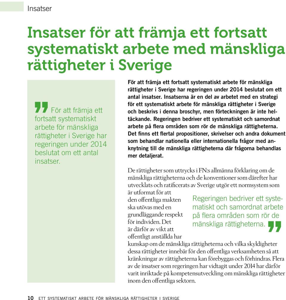 Insatserna är en del av arbetet med en strategi för ett systematiskt arbete för mänskliga rättigheter i Sverige och beskrivs i denna broschyr, men förteckningen är inte heltäckande.