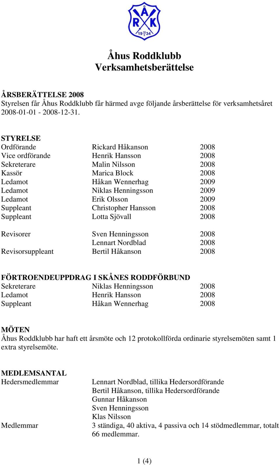 Ledamot Erik Olsson 2009 Suppleant Christopher Hansson 2008 Suppleant Lotta Sjövall 2008 Revisorer Sven Henningsson 2008 Lennart Nordblad 2008 Revisorsuppleant Bertil Håkanson 2008 FÖRTROENDEUPPDRAG