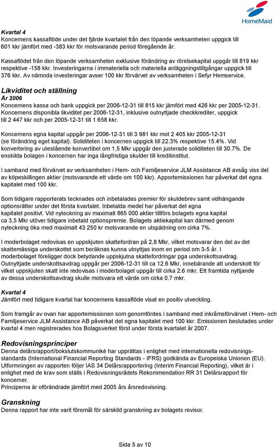 Investeringarna i immateriella och materiella anläggningstillgångar uppgick till 376 kkr. Av nämnda investeringar avser 100 kkr förvärvet av verksamheten i Sefyr Hemservice.