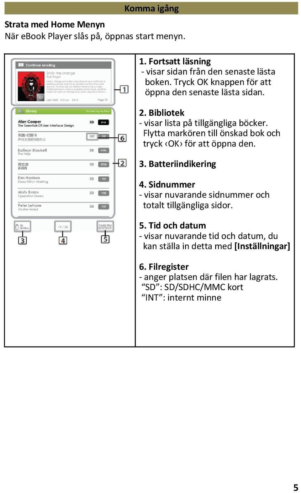 Flytta markören till önskad bok och tryck OK för att öppna den. 3. Batteriindikering 4.