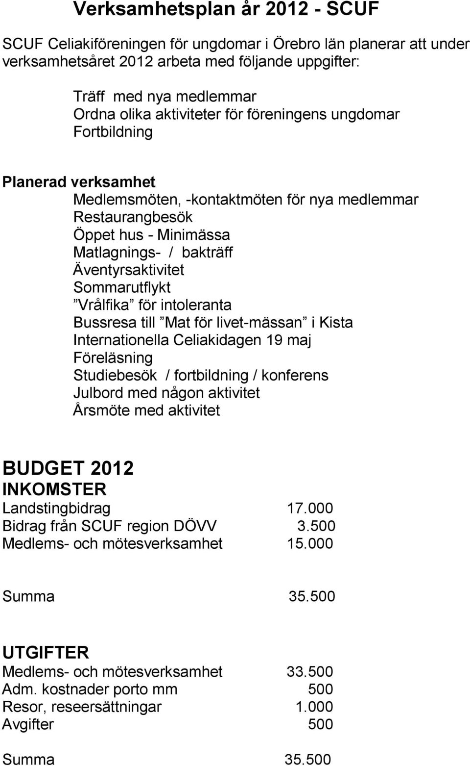 Vrålfika för intoleranta Bussresa till Mat för livet-mässan i Kista Internationella Celiakidagen 19 maj Föreläsning Studiebesök / fortbildning / konferens Julbord med någon aktivitet Årsmöte med