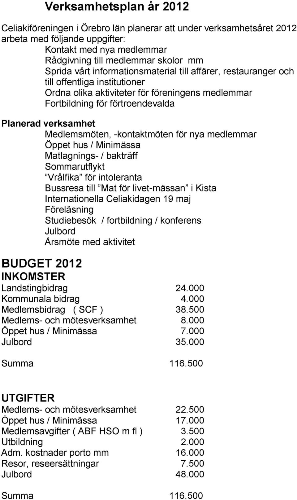 -kontaktmöten för nya medlemmar Öppet hus / Minimässa Matlagnings- / bakträff Sommarutflykt Vrålfika för intoleranta Bussresa till Mat för livet-mässan i Kista Internationella Celiakidagen 19 maj