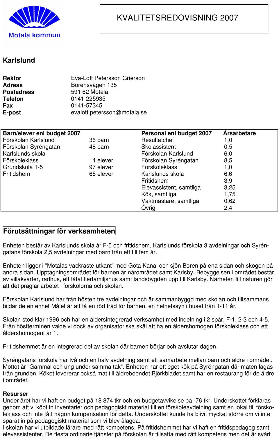 6,0 Förskoleklass 14 elever Förskolan Syréngatan 8,5 Grundskola 1-5 97 elever Förskoleklass 1,0 Fritidshem 65 elever Karlslunds skola 6,6 Fritidshem 3,9 Elevassistent, samtliga 3,25 Kök, samtliga