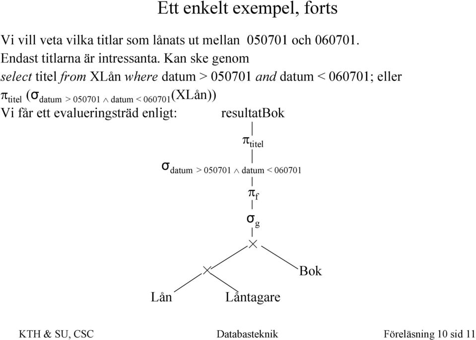 Kan ske genom select titel from XLån where datum > 050701 and datum < 060701; eller titel (σ datum >