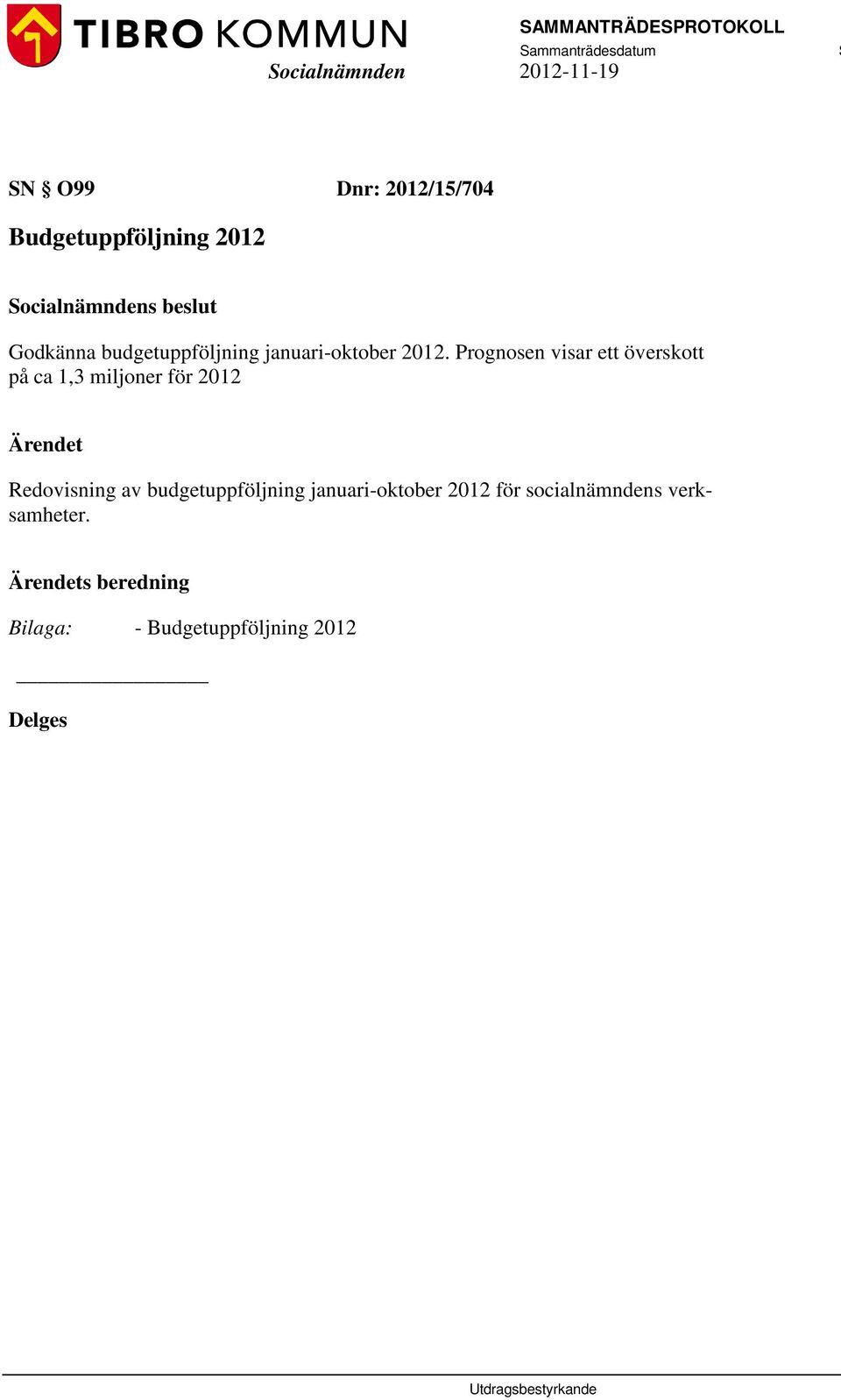 Prognosen visar ett överskott på ca 1,3 miljoner för 2012 Redovisning av