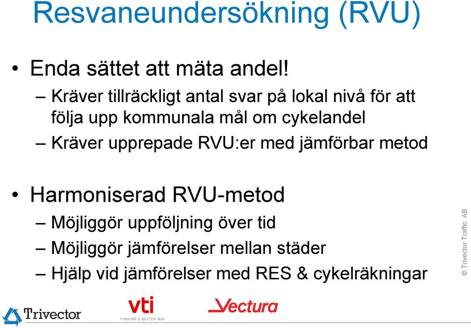 cykelandel Kräver upprepade RVU:er med jämförbar metod Harmoniserad RVU-metod