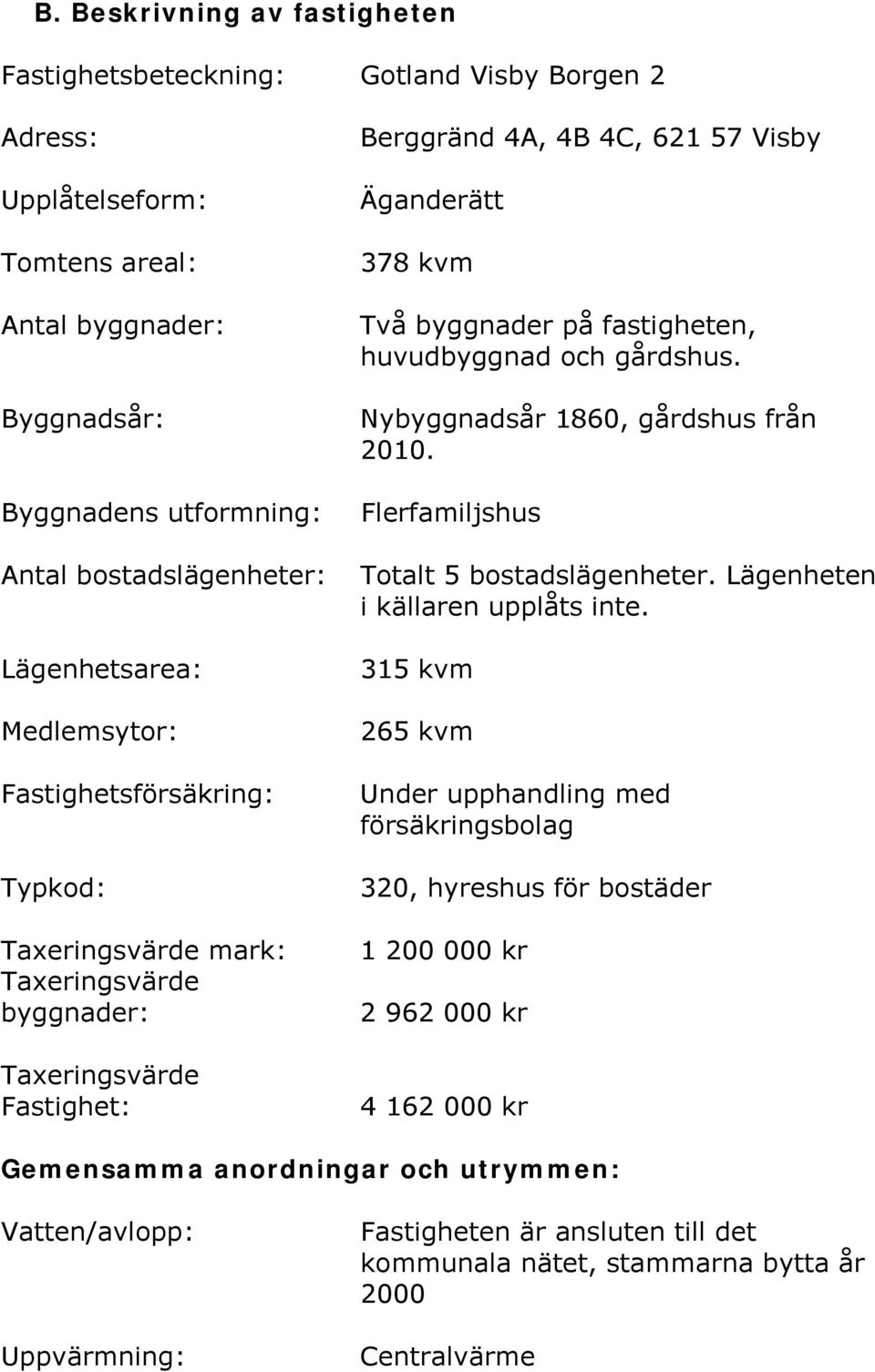 på fastigheten, huvudbyggnad och gårdshus. Nybyggnadsår 1860, gårdshus från 2010. Flerfamiljshus Totalt 5 bostadslägenheter. Lägenheten i källaren upplåts inte.