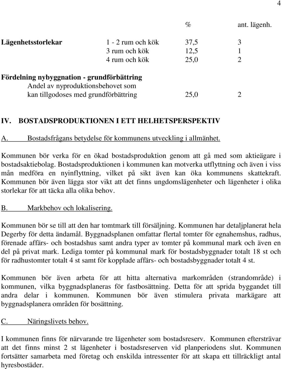 25,0 2 IV. BOSTADSPRODUKTIONEN I ETT HELHETSPERSPEKTIV A. Bostadsfrågans betydelse för kommunens utveckling i allmänhet.