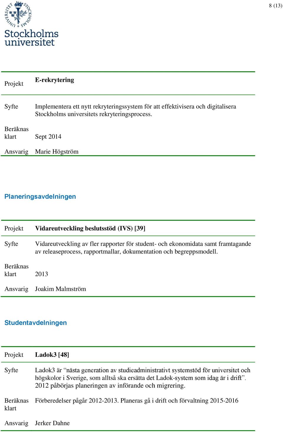 releaseprocess, rapportmallar, dokumentation och begreppsmodell.
