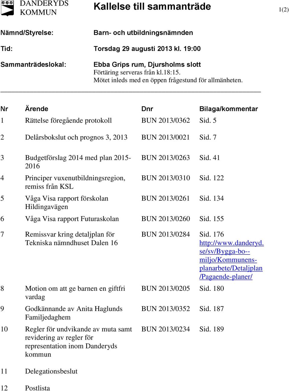 Nr Ärende Dnr Bilaga/kommentar 1 Rättelse föregående protokoll BUN 2013/0362 Sid. 5 2 Delårsbokslut och prognos 3, 2013 BUN 2013/0021 Sid.