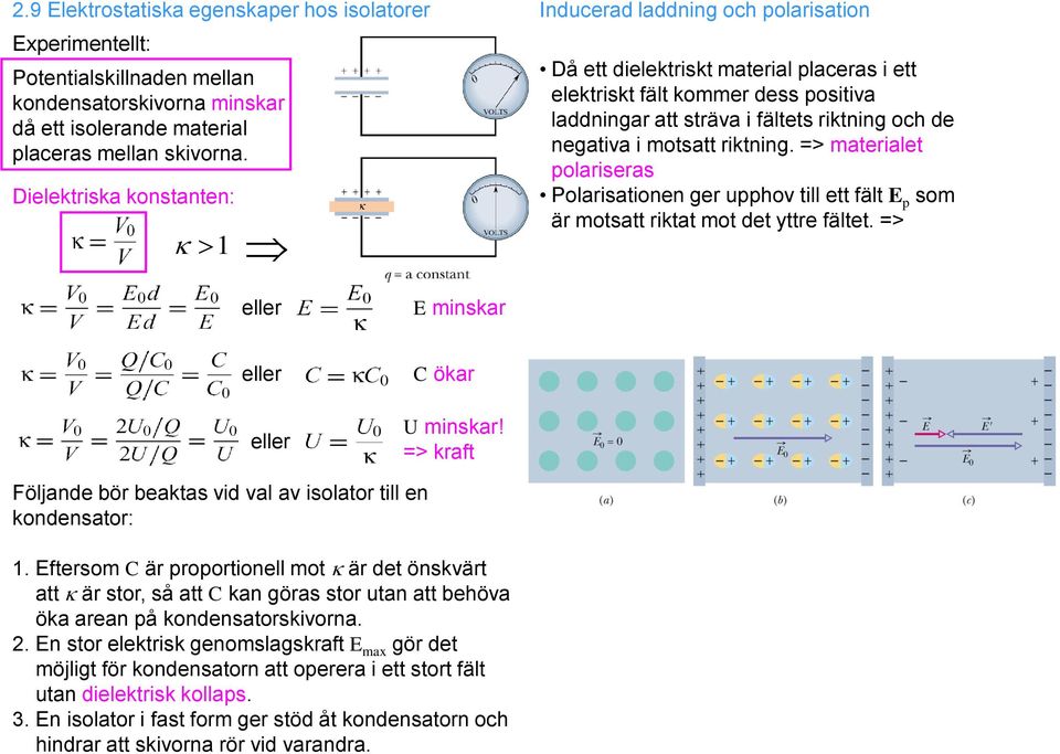 negativa i motsatt riktning. => materialet polariseras Polarisationen ger upphov till ett fält E p som är motsatt riktat mot det yttre fältet. => eller E minskar eller eller C ökar U minskar!
