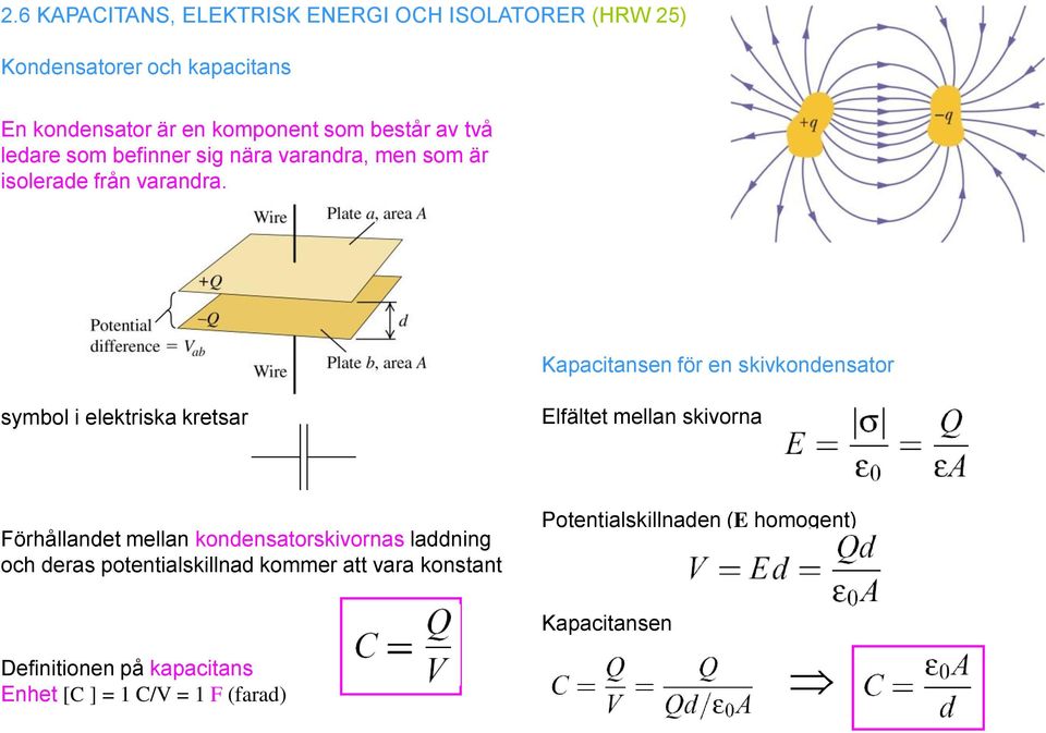 Kapacitansen för en skivkondensator symbol i elektriska kretsar Elfältet mellan skivorna Förhållandet mellan