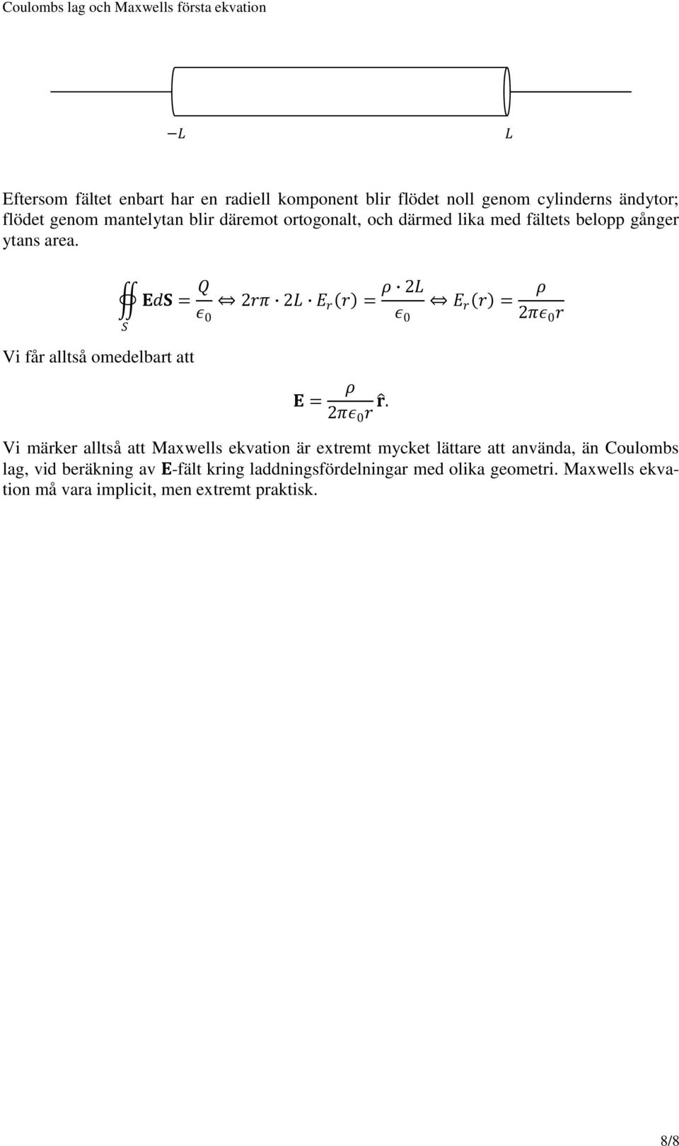 Vi får alltså omedelbart att Ed = 2rπ 2 E ε r r = 0 ρ 2πε 0 r r.