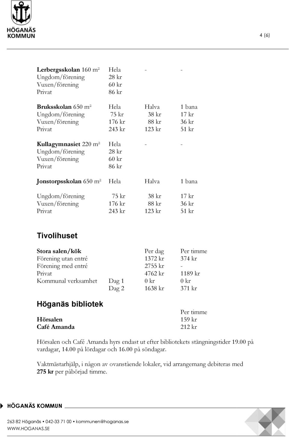 kr 243 kr 123 kr 51 kr Tivolihuset Stora salen/kök Per dag Per timme Förening utan entré 1372 kr 374 kr Förening med entré 2755 kr - 4762 kr 1189 kr Kommunal verksamhet Dag 1 0 kr 0 kr Dag 2 1638 kr