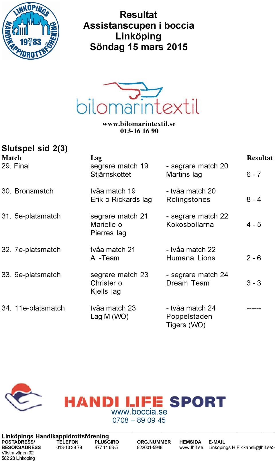 5e-platsmatch segrare match 21 - segrare match 22 Marielle o Kokosbollarna 4-5 Pierres lag 32.