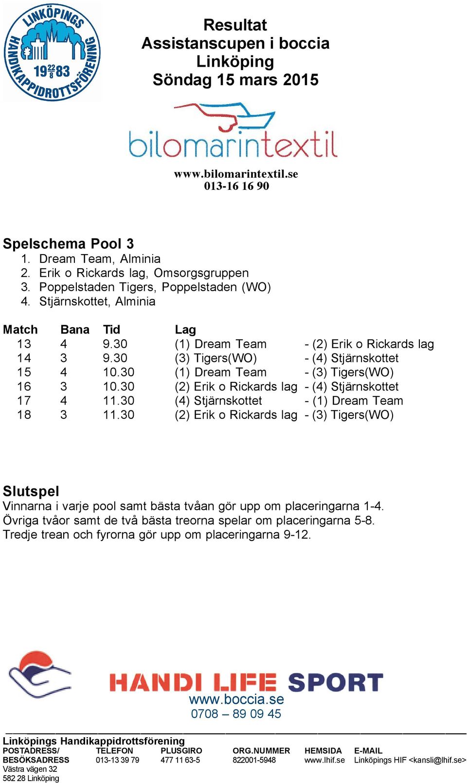 30 (1) Dream Team - (3) Tigers(WO) 16 3 10.30 (2) Erik o Rickards lag - (4) Stjärnskottet 17 4 11.30 (4) Stjärnskottet - (1) Dream Team 18 3 11.