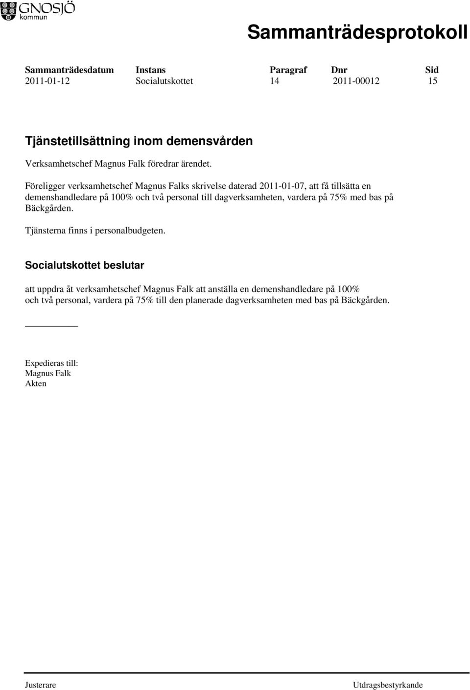 dagverksamheten, vardera på 75% med bas på Bäckgården. Tjänsterna finns i personalbudgeten.