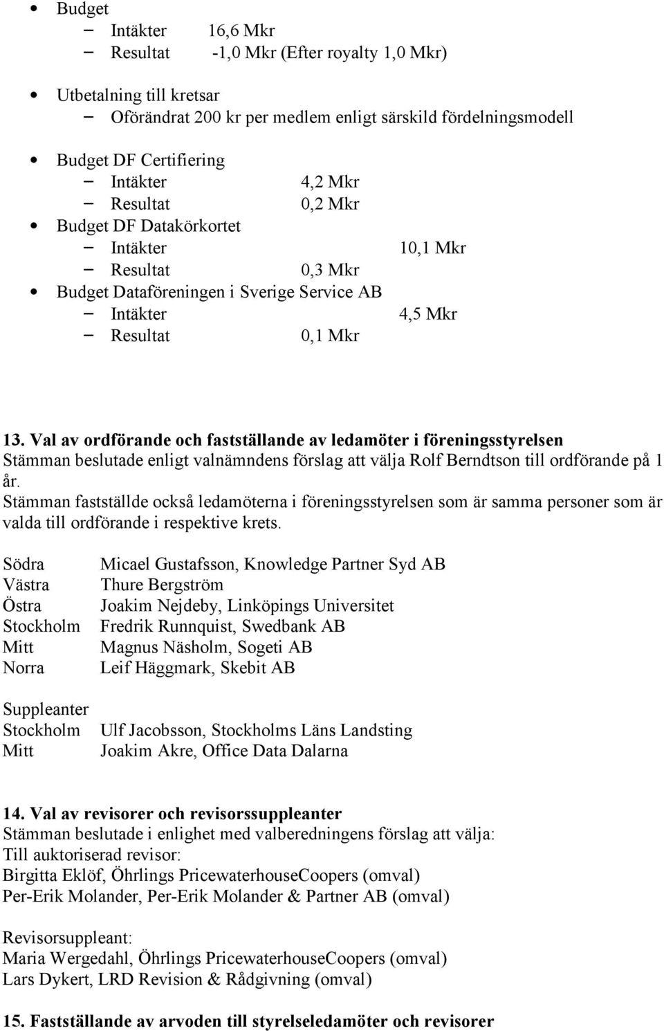 Val av ordförande och fastställande av ledamöter i föreningsstyrelsen Stämman beslutade enligt valnämndens förslag att välja Rolf Berndtson till ordförande på 1 år.