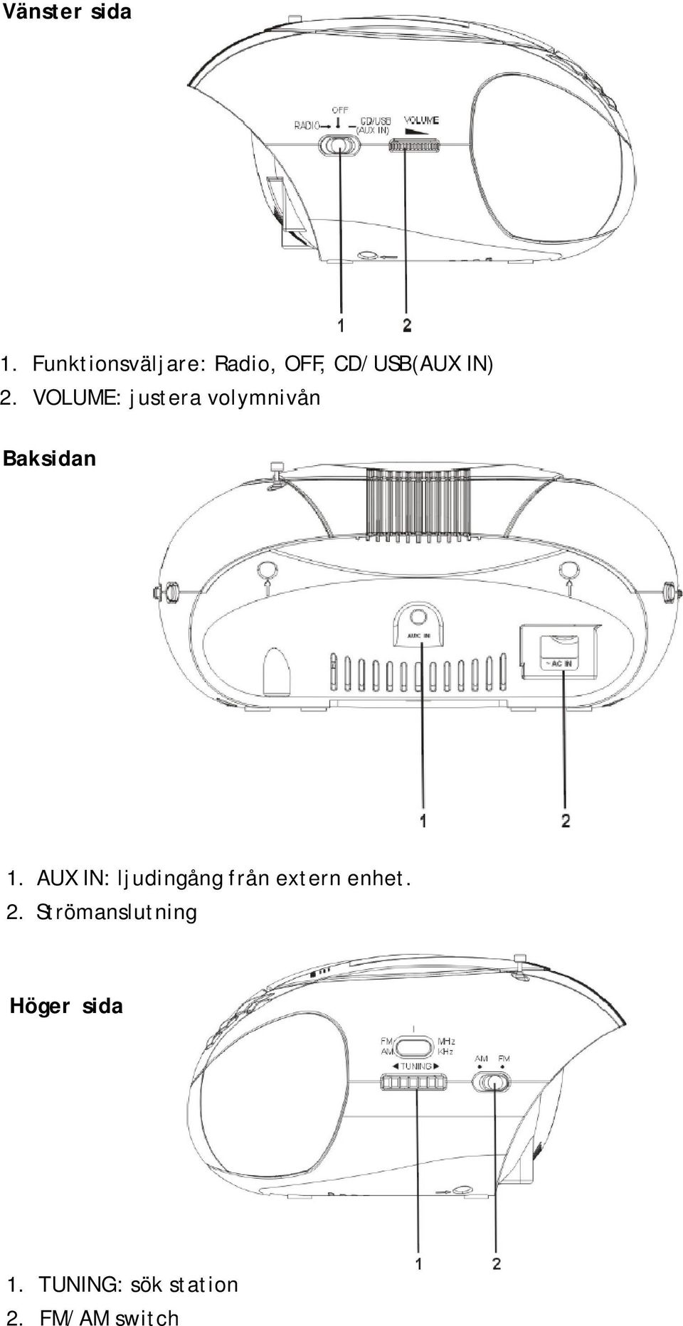 VOLUME: justera volymnivån Baksidan 1.