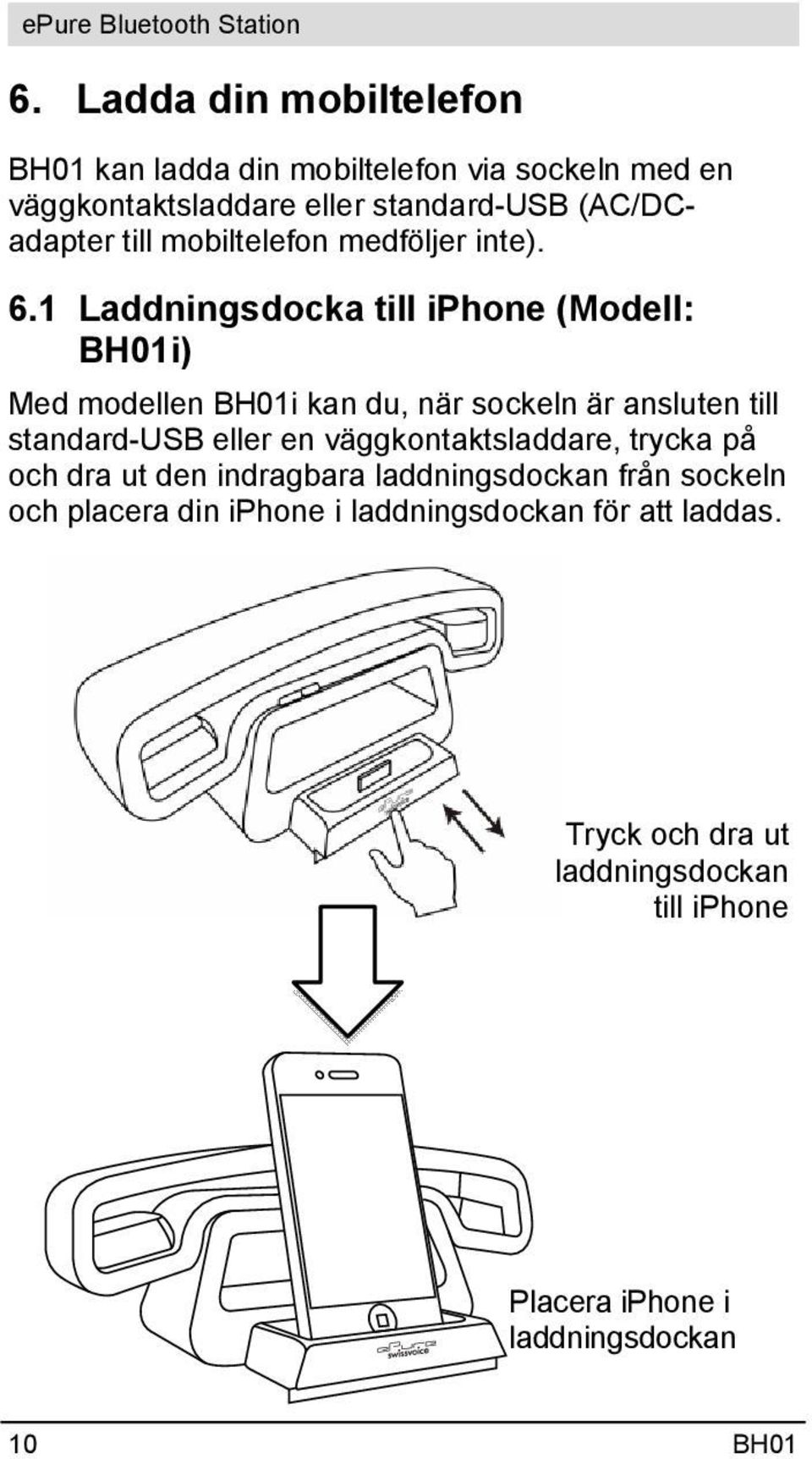 1 Laddningsdocka till iphone (Modell: BH01i) Med modellen BH01i kan du, när sockeln är ansluten till standard-usb eller en