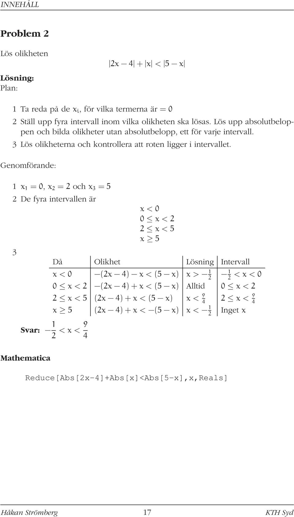 Genomförande: 1 x 1 = 0, x 2 = 2 och x 3 = 5 2 De fyra intervallen är 3 x < 0 0 x < 2 2 x < 5 x 5 Då Olikhet Lösning Intervall x < 0 (2x 4 x < (5 x x > 1 2 1 2 < x < 0 0