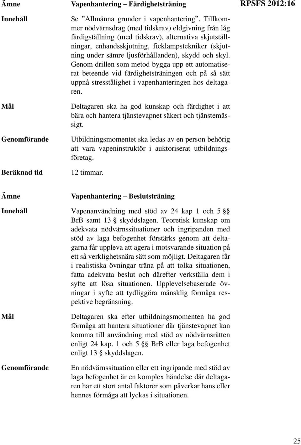 skydd och skyl. Genom drillen som metod bygga upp ett automatiserat beteende vid färdighetsträningen och på så sätt uppnå stresstålighet i vapenhanteringen hos deltagaren.