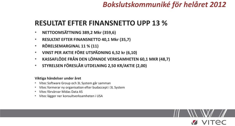 VERKSAMHETEN 60,1 MKR (48,7) STYRELSEN FÖRESLÅR UTDELNING 2,50 KR/AKTIE (2,00) Viktiga händelser under året Vitec Software Group och 3L