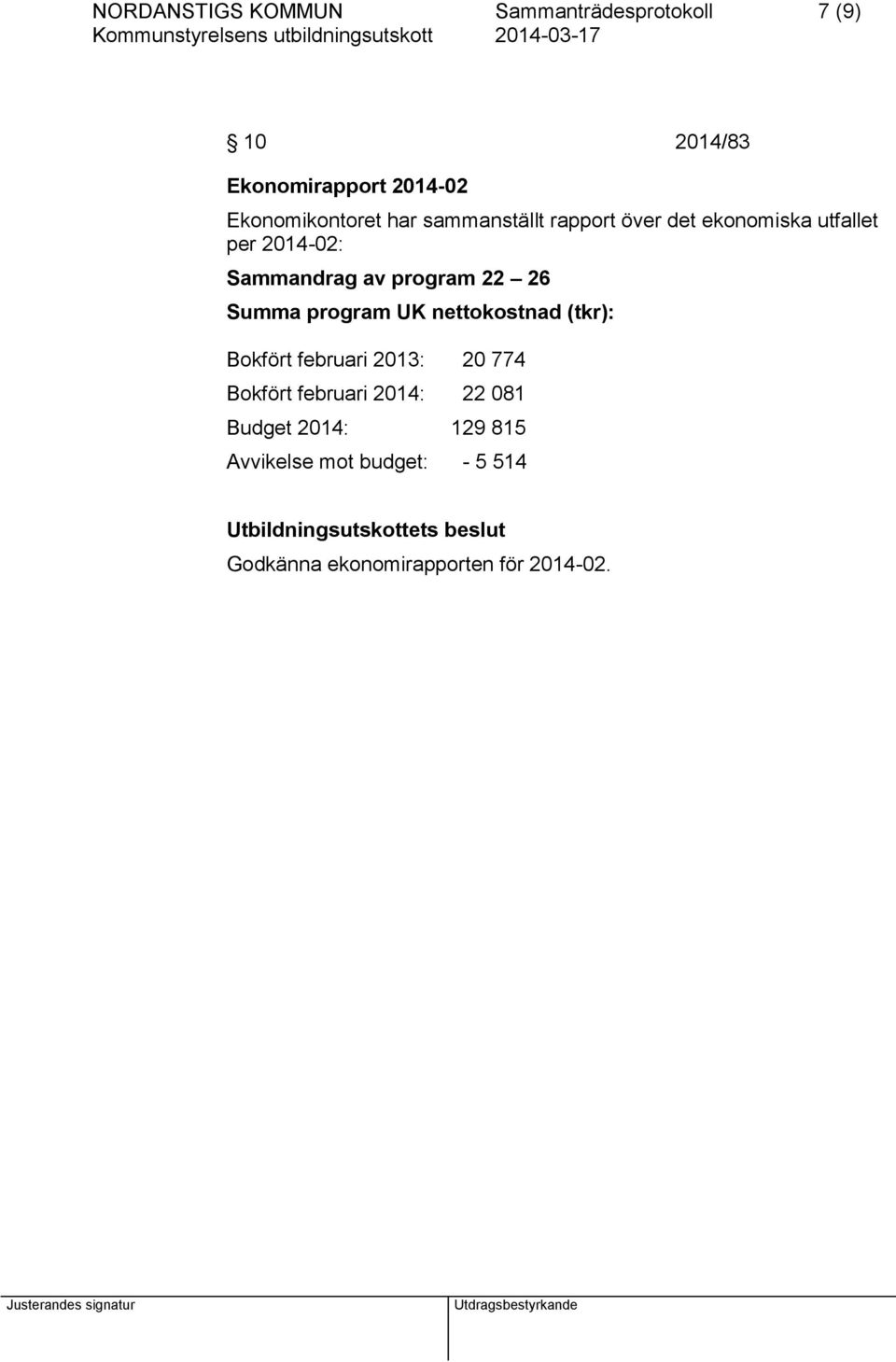 av program 22 26 Summa program UK nettokostnad (tkr): Bokfört februari 2013: 20 774 Bokfört