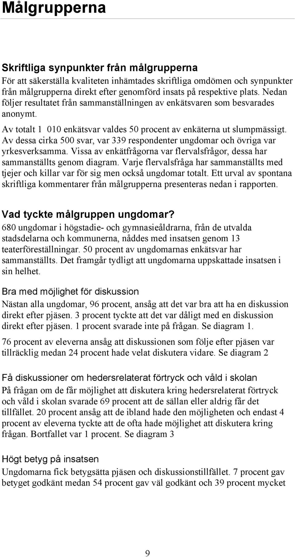 Av dessa cirka 500 svar, var 339 respondenter ungdomar och övriga var yrkesverksamma. Vissa av enkätfrågorna var flervalsfrågor, dessa har sammanställts genom diagram.