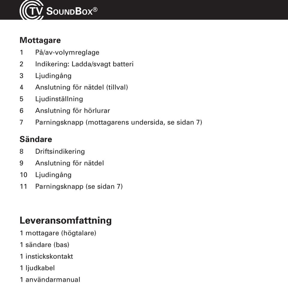 se sidan 7) Sändare 8 Driftsindikering 9 Anslutning för nätdel 10 Ljudingång 11 Parningsknapp (se sidan