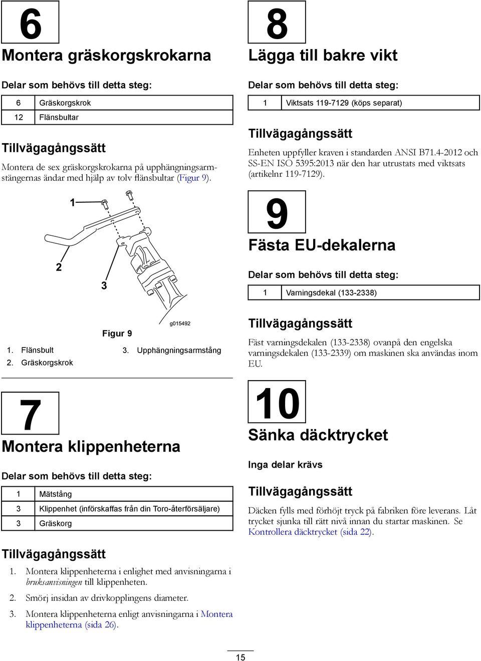 4-2012 och SS-EN ISO 5395:2013 när den har utrustats med viktsats (artikelnr 119-7129). 9 Fästa EU-dekalerna Delar som behövs till detta steg: 1 Varningsdekal (133-2338) Figur 9 1. Flänsbult 3.