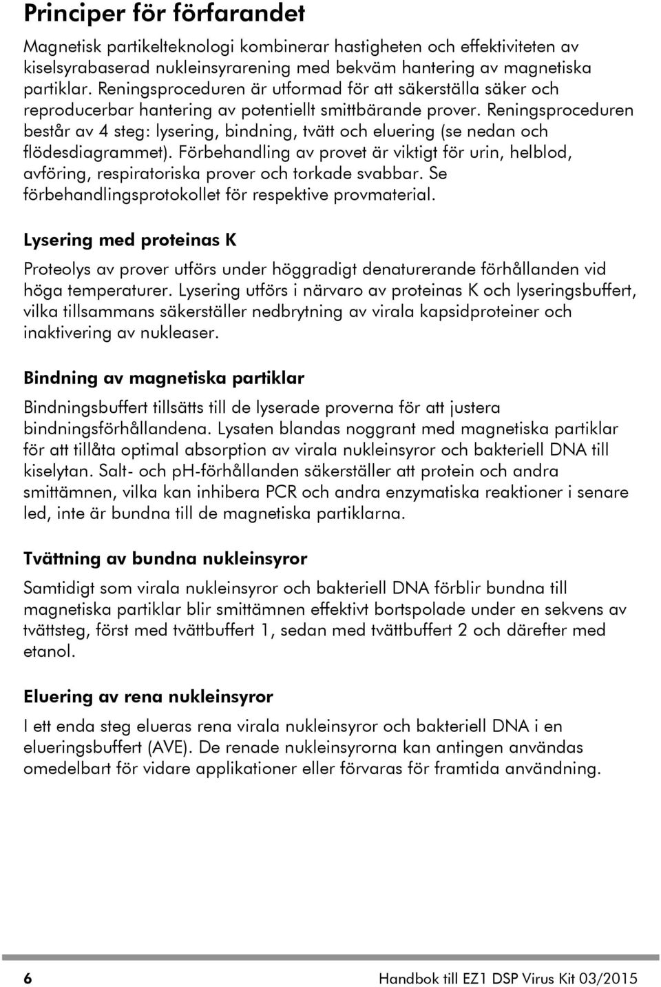 Reningsproceduren består av 4 steg: lysering, bindning, tvätt och eluering (se nedan och flödesdiagrammet).