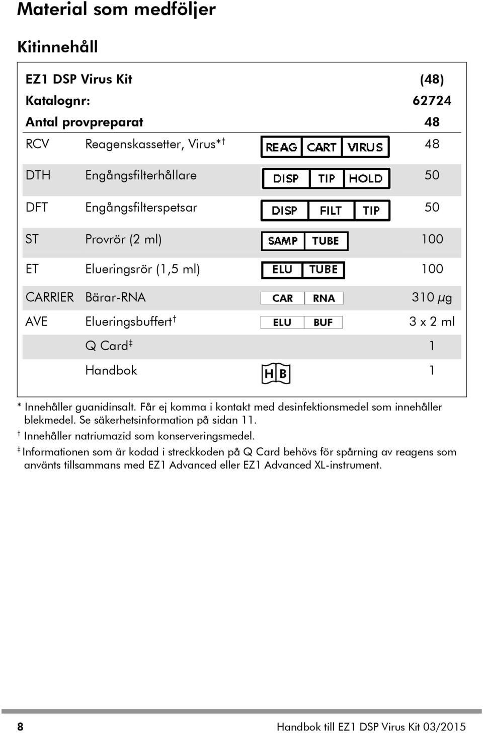 guanidinsalt. Får ej komma i kontakt med desinfektionsmedel som innehåller blekmedel. Se säkerhetsinformation på sidan 11. Innehåller natriumazid som konserveringsmedel.