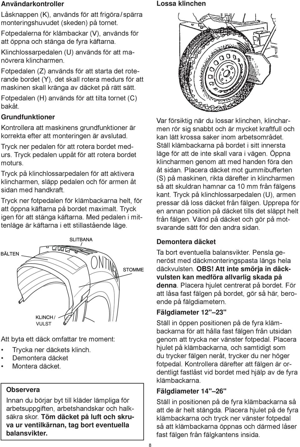 Fotpedalen (Z) används för att starta det roterande bordet (Y), det skall rotera medurs för att maskinen skall kränga av däcket på rätt sätt. Fotpedalen (H) används för att tilta tornet (C) bakåt.