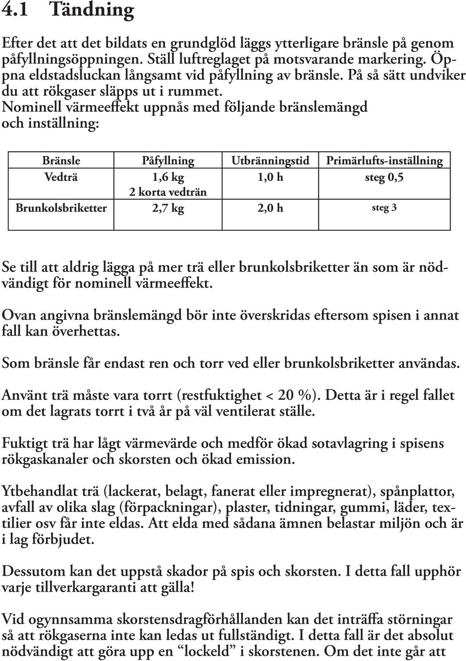 Nominell värmeeffekt uppnås med följande bränslemängd och inställning: Bränsle Påfyllning Utbränningstid Primärlufts-inställning Vedträ 1,6 kg 1,0 h steg 0,5 2 korta vedträn Brunkolsbriketter 2,7 kg