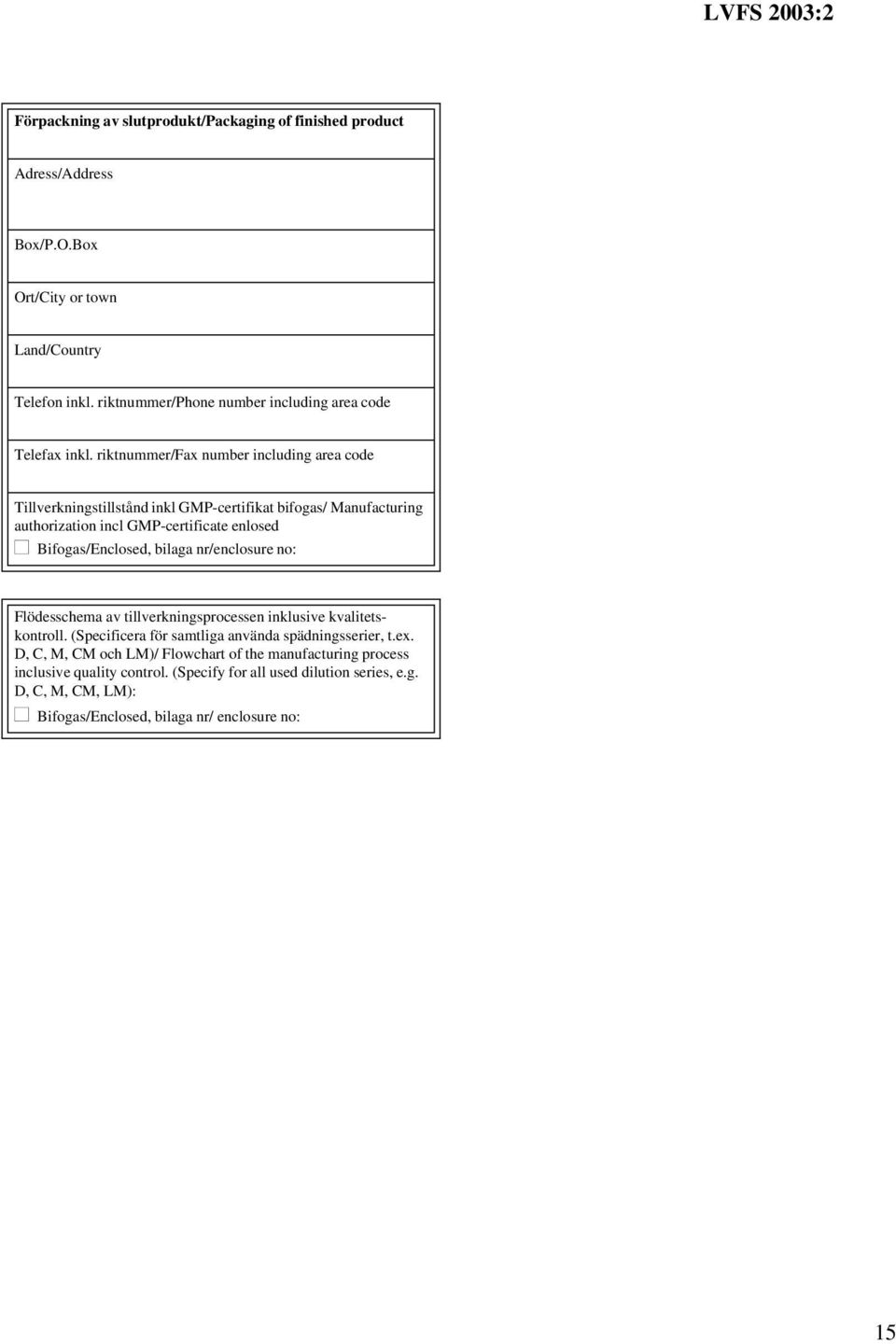 riktnummer/fax number including area code Tillverkningstillstånd inkl GMP-certifikat bifogas/ Manufacturing authorization incl GMP-certificate enlosed Bifogas/Enclosed, bilaga
